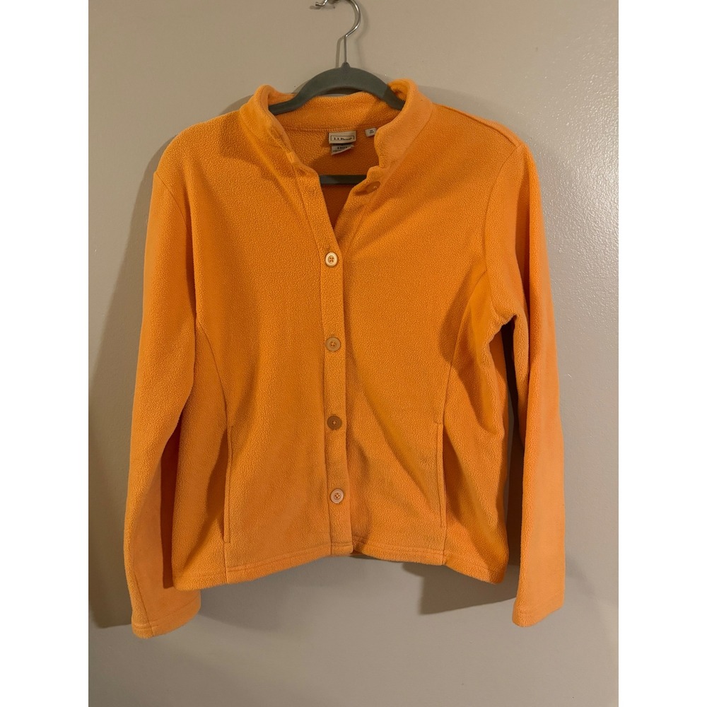 LL Bean Womens Orange Fleece Button Front Cardigan Jacket Mock Neck Medium 0BGF5